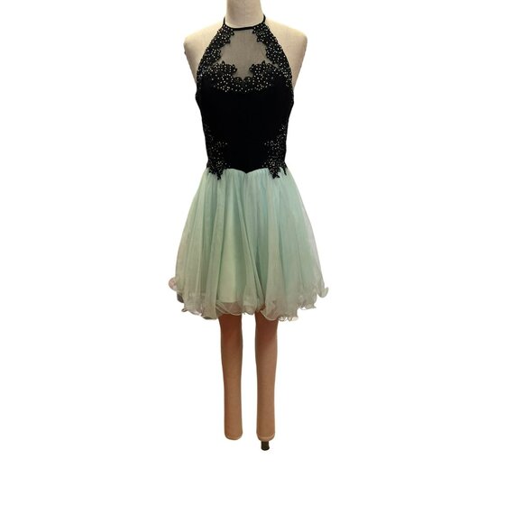 Blondie Nites By Stacy Sklar Size 11 Black & Mint Beaded Halter Dress With Tulle - Picture 2 of 10